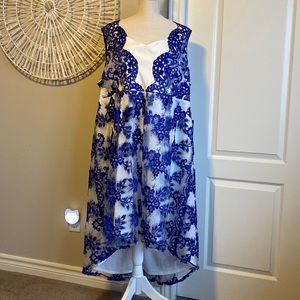 Signature by Sangria White Dress with Royal Blue Lace Overlay